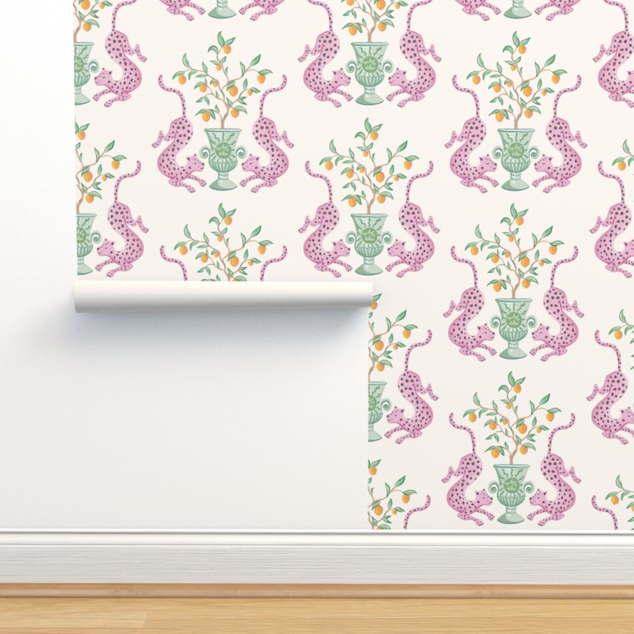 Whimsical Pink Green Orange Damask Animals Botanical Custom Removable Wallpaper by Spoonflower Peel & Stick Wallpaper 2FT Wide
